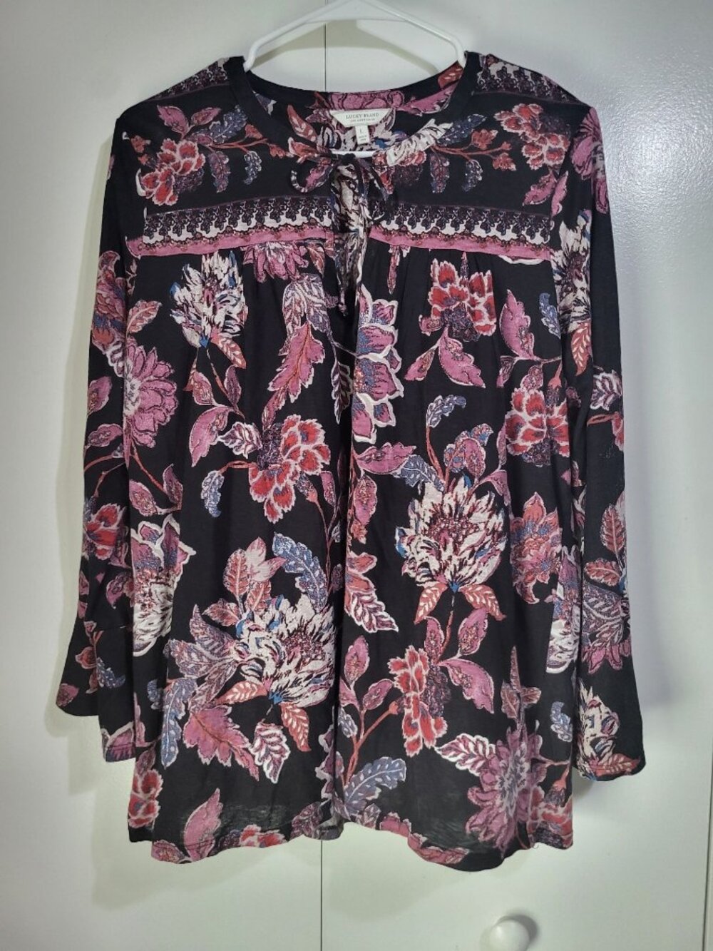 Lucky Brand Women's SZ LG Boho Festival Floral Print Blouse Bell Sleeve - Picture 2 of 8